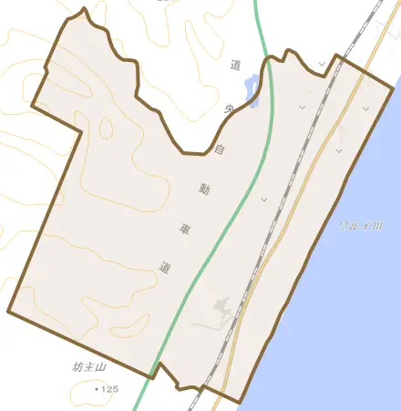 字花岡とその周辺の地図。町の範囲を重ねている