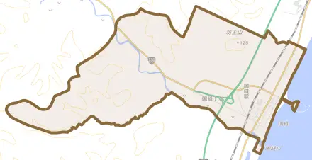 字国縫とその周辺の地図。町の範囲を重ねている