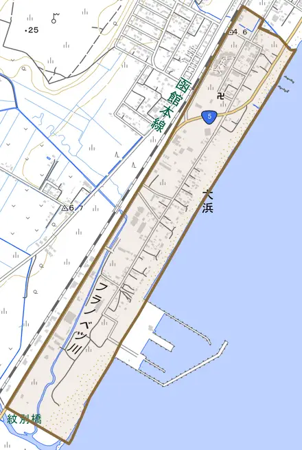字大浜とその周辺の地図。町の範囲を重ねている