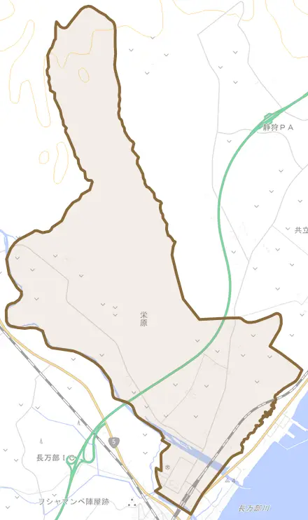 字栄原とその周辺の地図。町の範囲を重ねている