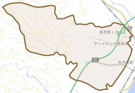 字富野とその周辺の地図。町の範囲を重ねている