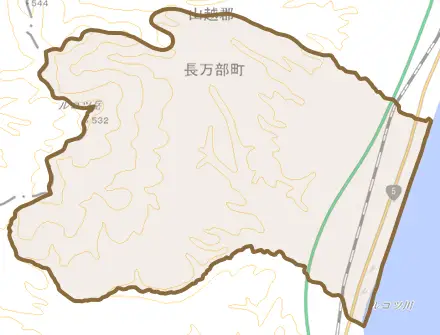 字豊津とその周辺の地図。町の範囲を重ねている