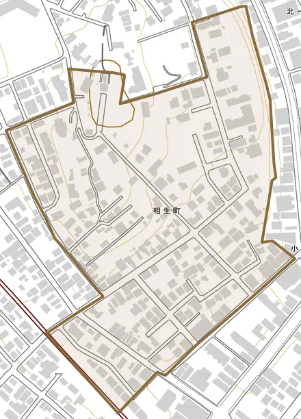 相生町とその周辺の地図。町の範囲を重ねている