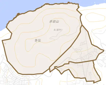 赤岩とその周辺の地図。町の範囲を重ねている