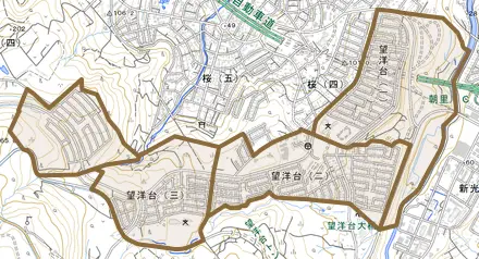 望洋台とその周辺の地図。町の範囲を重ねている