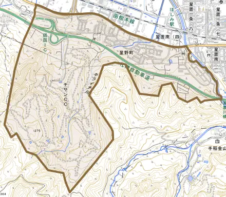 星野町とその周辺の地図。町の範囲を重ねている