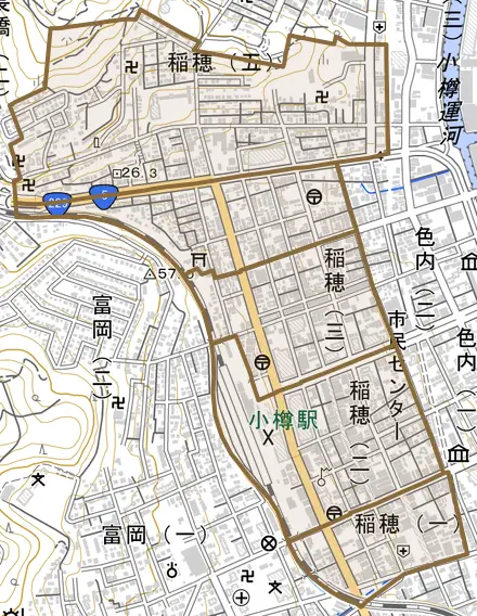 稲穂とその周辺の地図。町の範囲を重ねている