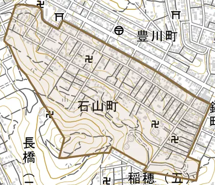 石山町とその周辺の地図。町の範囲を重ねている
