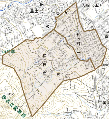 松ケ枝とその周辺の地図。町の範囲を重ねている
