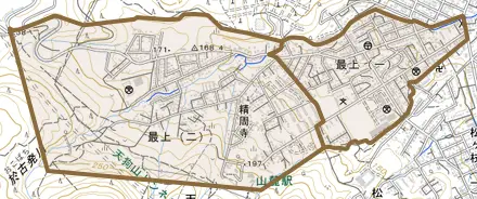 最上とその周辺の地図。町の範囲を重ねている