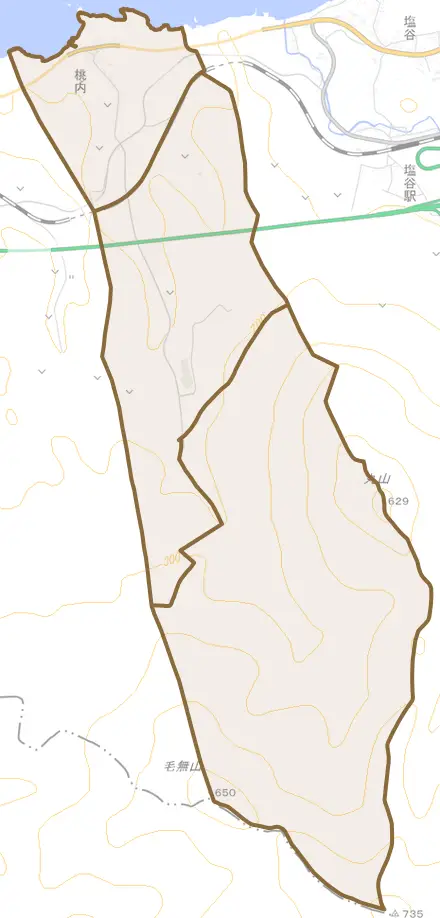 桃内とその周辺の地図。町の範囲を重ねている