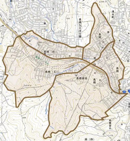 長橋とその周辺の地図。町の範囲を重ねている