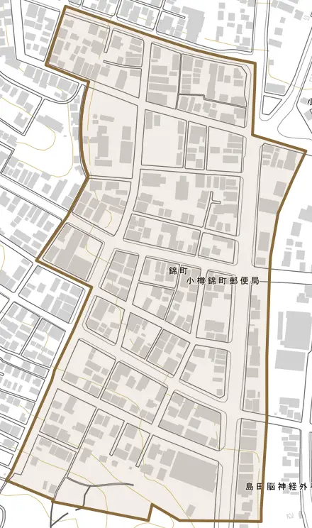 錦町とその周辺の地図。町の範囲を重ねている