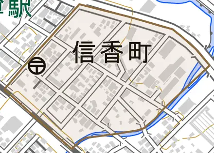 信香町とその周辺の地図。町の範囲を重ねている