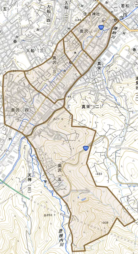 奥沢とその周辺の地図。町の範囲を重ねている
