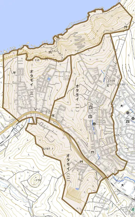 オタモイとその周辺の地図。町の範囲を重ねている