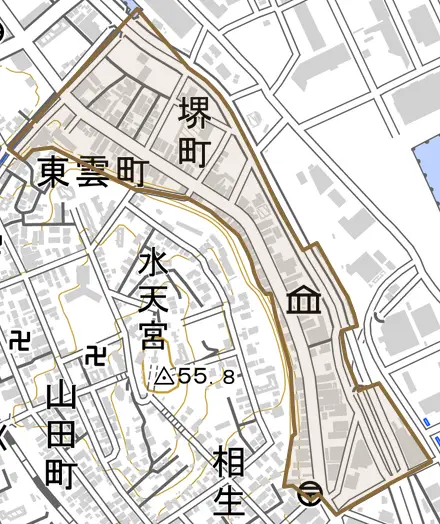 堺町とその周辺の地図。町の範囲を重ねている