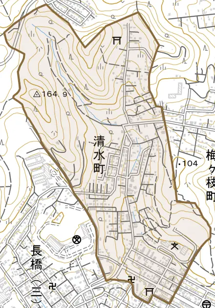 清水町とその周辺の地図。町の範囲を重ねている