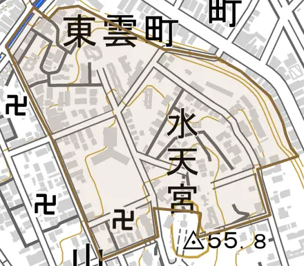 東雲町とその周辺の地図。町の範囲を重ねている