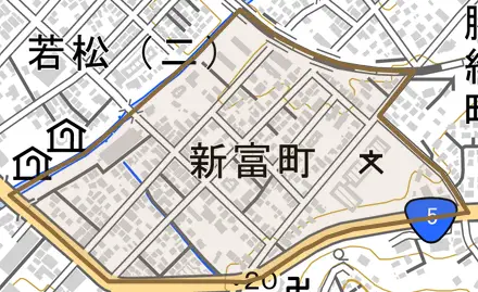 新富町とその周辺の地図。町の範囲を重ねている