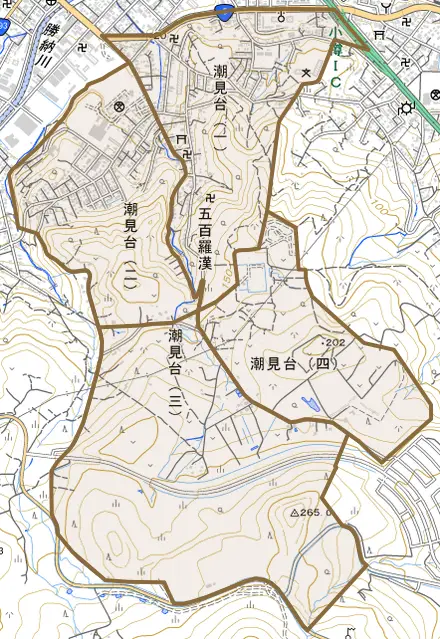 潮見台とその周辺の地図。町の範囲を重ねている