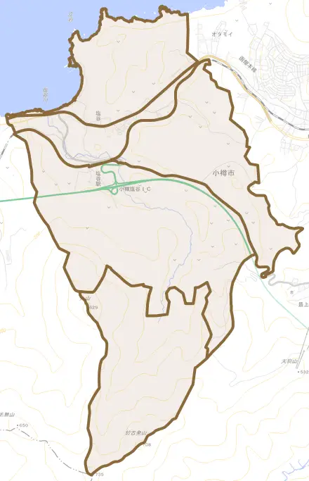 塩谷とその周辺の地図。町の範囲を重ねている