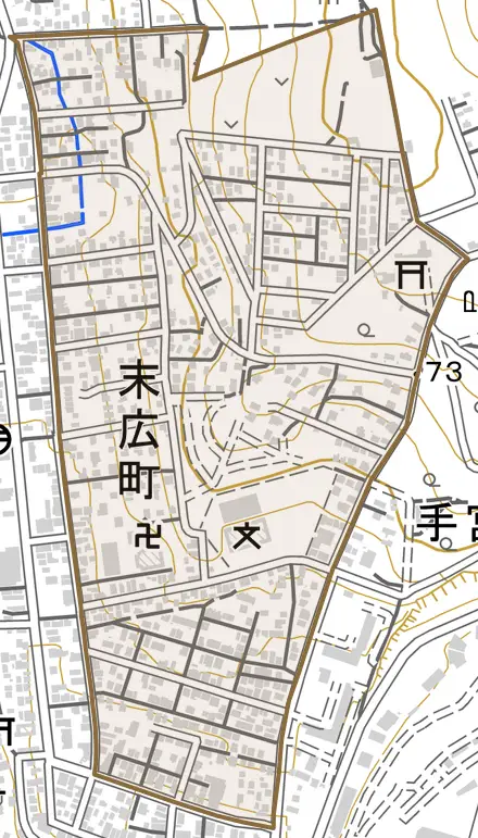 末広町とその周辺の地図。町の範囲を重ねている