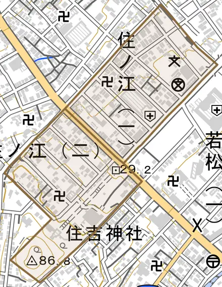 住ノ江とその周辺の地図。町の範囲を重ねている