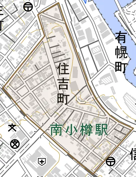 住吉町とその周辺の地図。町の範囲を重ねている