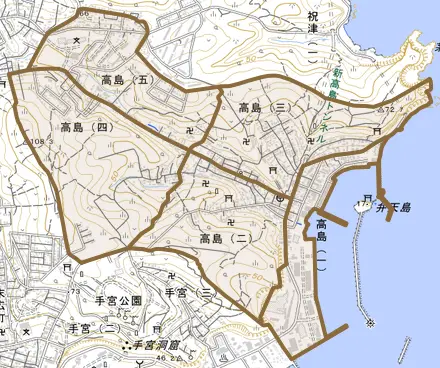 高島とその周辺の地図。町の範囲を重ねている