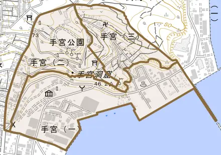 手宮とその周辺の地図。町の範囲を重ねている