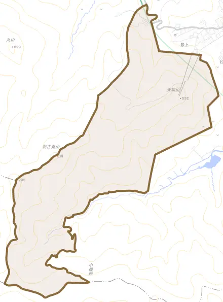 天狗山とその周辺の地図。町の範囲を重ねている