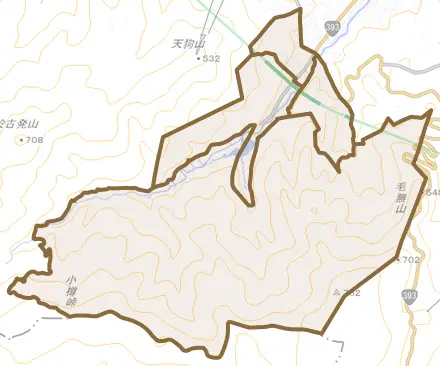 天神とその周辺の地図。町の範囲を重ねている