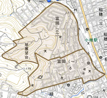 富岡とその周辺の地図。町の範囲を重ねている