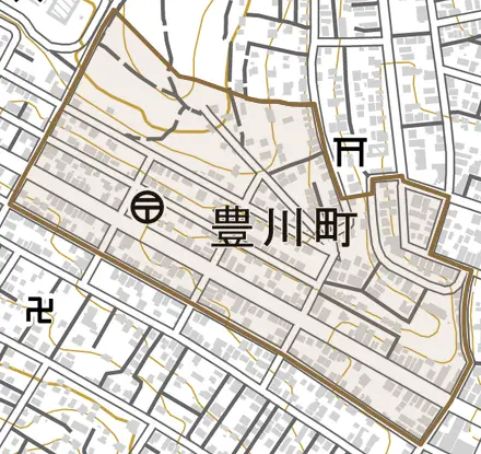 豊川町とその周辺の地図。町の範囲を重ねている