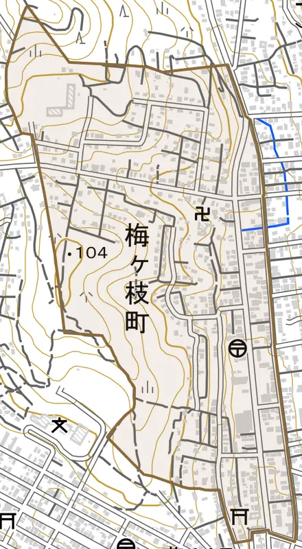 梅ケ枝町とその周辺の地図。町の範囲を重ねている