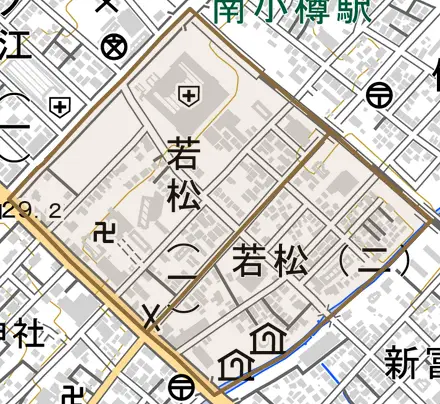 若松とその周辺の地図。町の範囲を重ねている