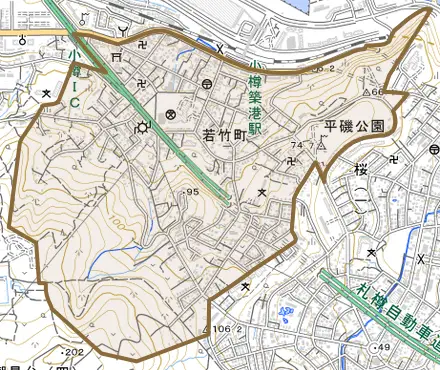 若竹町とその周辺の地図。町の範囲を重ねている