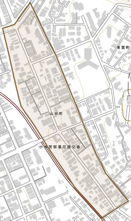 山田町とその周辺の地図。町の範囲を重ねている