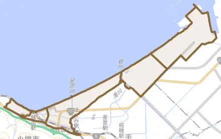銭函とその周辺の地図。町の範囲を重ねている