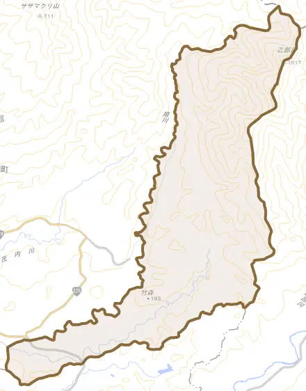 字旭岱とその周辺の地図。町の範囲を重ねている