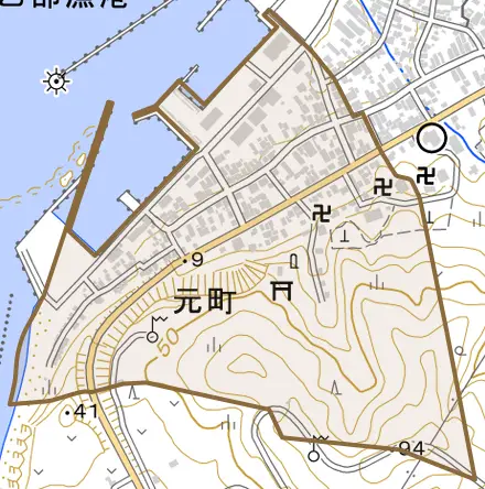 字元町とその周辺の地図。町の範囲を重ねている
