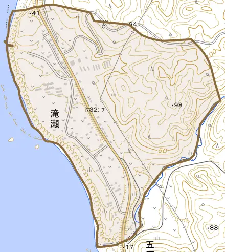 字滝瀬とその周辺の地図。町の範囲を重ねている