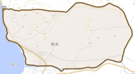 字館浦とその周辺の地図。町の範囲を重ねている