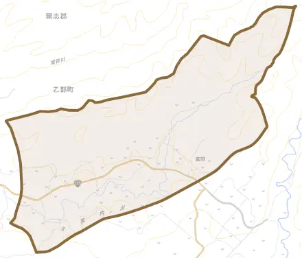 字富岡とその周辺の地図。町の範囲を重ねている