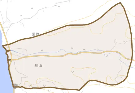 字鳥山とその周辺の地図。町の範囲を重ねている