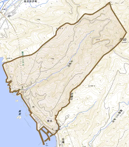 字豊浜とその周辺の地図。町の範囲を重ねている