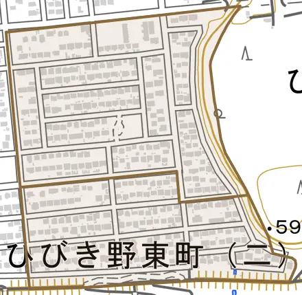 ひびき野東町とその周辺の地図。町の範囲を重ねている