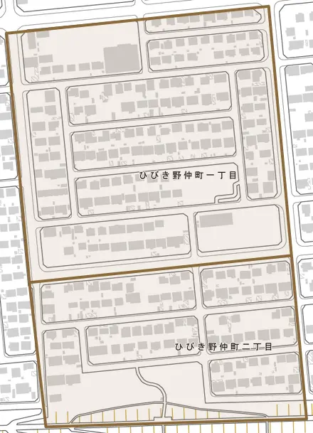 ひびき野仲町とその周辺の地図。町の範囲を重ねている