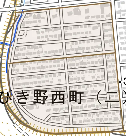 ひびき野西町とその周辺の地図。町の範囲を重ねている